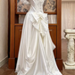 White Vintage Satin Long Train Wedding Prom Dress, Off‑the‑Shoulder Pleated Cape V‑Neck, Lace Embroidered Long Sleeves, Baroque Lace Appliqués gh8716