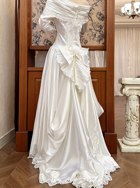 White Vintage Satin Long Train Wedding Prom Dress, Off‑the‑Shoulder Pleated Cape V‑Neck, Lace Embroidered Long Sleeves, Baroque Lace Appliqués gh8716