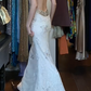 Ivory Halter Long Formal Gown Lace Applique Rhinestone Beaded Mermaid Prom Dress gh9638