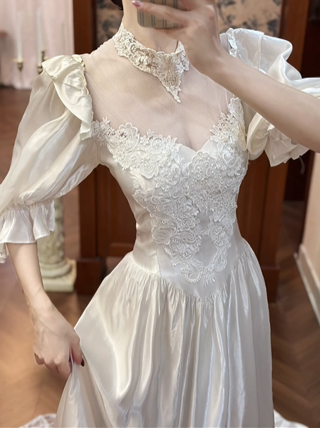 White Vintage Satin Ball Gown Wedding Prom Dress, Mock Two‑Piece Lace High Neck V‑Neck, Puff 3/4 Sleeves, Satin Bows, Double‑Layer Lace Hem gh8697