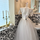 Ivory Embroidered Sequin Waist-Cinched Classic Elegant Full Flared Romantic Dress, Wedding Gown gh7530