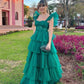 Hunter Green/Emerald Green A-Line Strap Tulle Tiered Long Prom Dress Party Dress gh2771