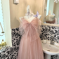 Light Pink Spaghetti Straps Bow Neckline Waist-Cinched Full Flared Skirt Romantic Dress, Wedding Gown gh7764