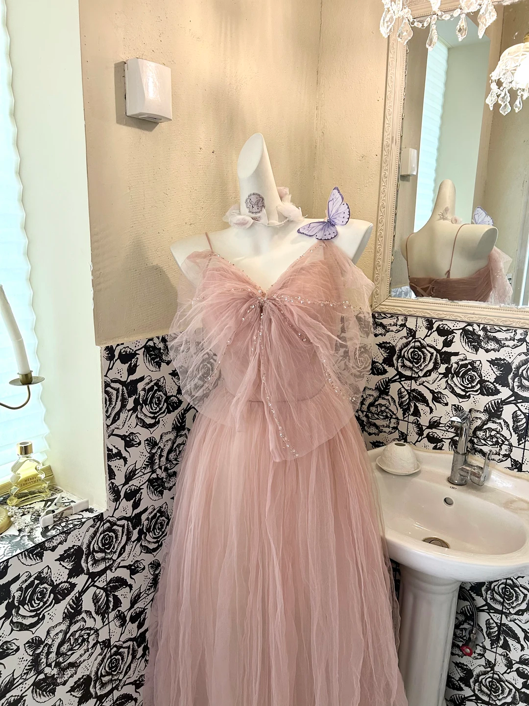 Light Pink Spaghetti Straps Bow Neckline Waist-Cinched Full Flared Skirt Romantic Dress, Wedding Gown gh7764
