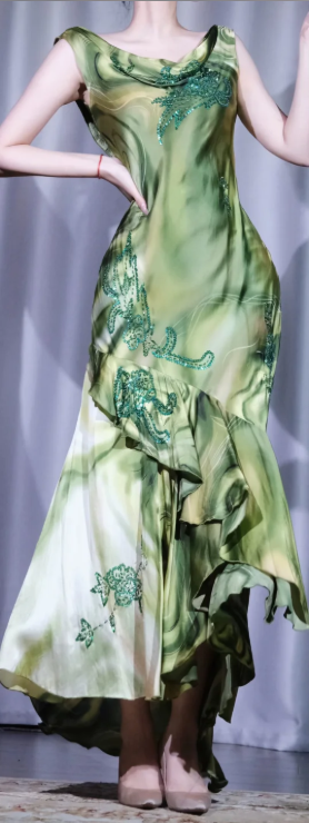 New Chinese Style Green Watercolor Sequin Floral Long Prom Dress gh9893