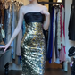Strapless Two Tone Black Gold Evening Gown Ruched Satin Gold Sequin Mermaid Long Prom Dress gh9682