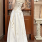 Ivory Vintage Satin Wedding Gown, Off‑the‑Shoulder Fold‑Over V‑Neck, Lace Appliqué Fitted Waist, A‑Line Long Skirt With Lace Embroidery, Lace Trimmed Train, Bridal Prom Dress gh8728