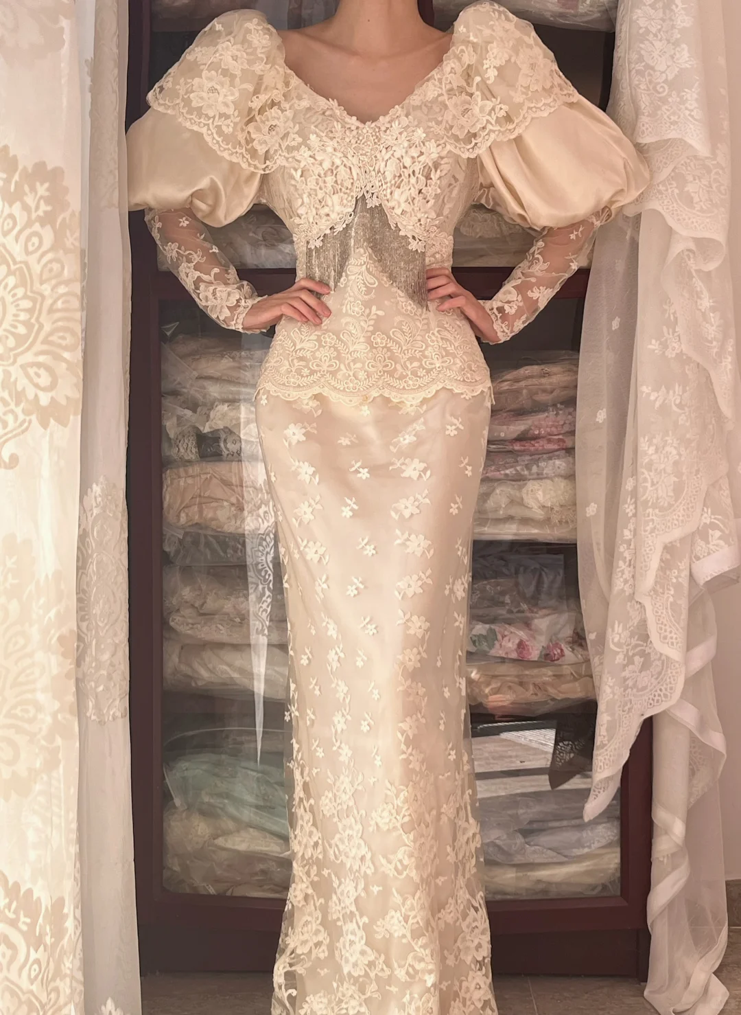 Cream Vintage Mermaid Wedding Gown, Puff Sleeve Lace Formal Dress gh9307