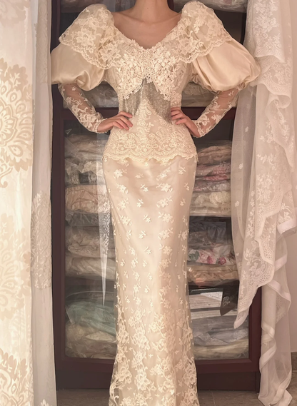Cream Vintage Mermaid Wedding Gown, Puff Sleeve Lace Formal Dress gh9307