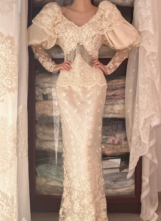 Cream Vintage Mermaid Wedding Gown, Puff Sleeve Lace Formal Dress gh9307