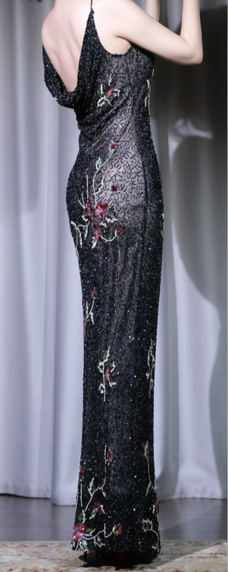 ✨Girlhomeshops-Floral Embroidered Sequin Mermaid Prom Dress Black U Neck Backless Evening Gown gh9957