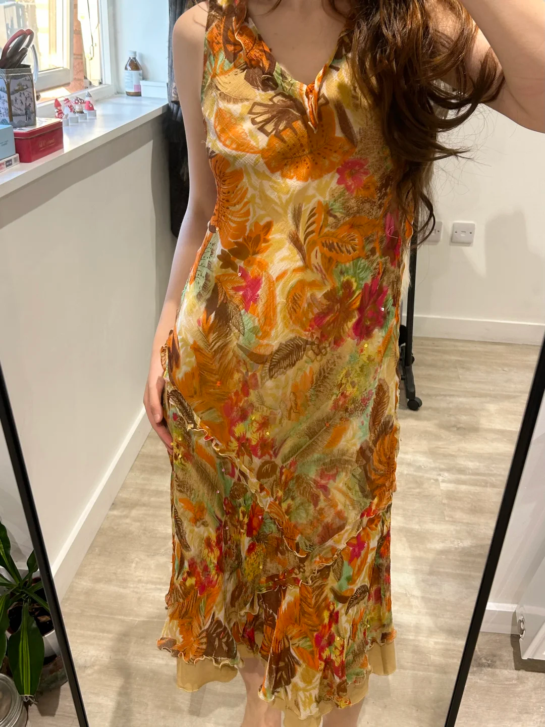Yellow Vintage Floral Print Spaghetti Strap Fitted Waist Slim Prom & Evening Party Dress gh8454