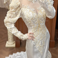 Ivory Vintage Satin Mermaid Wedding Prom Dress, Lace High Neck Illusion V‑Neck, Leg‑of‑Mutton Puff Sleeves, Gold‑Silver Lace Appliqués, Back Bow, Scalloped Lace Long Train gh8674