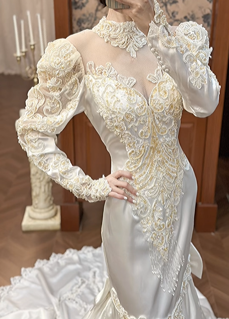 Ivory Vintage Satin Mermaid Wedding Prom Dress, Lace High Neck Illusion V‑Neck, Leg‑of‑Mutton Puff Sleeves, Gold‑Silver Lace Appliqués, Back Bow, Scalloped Lace Long Train gh8674