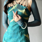 New‑Chinese‑Style‑Improved‑Qipao‑Midi‑Gown Teal‑Crane‑Print Halter‑Beaded‑Straps Stand‑Collar‑Mesh‑Shrug‑Top Fitted‑Slit‑Midi‑Dress Retro‑Oriental‑Party‑Dress gh8858