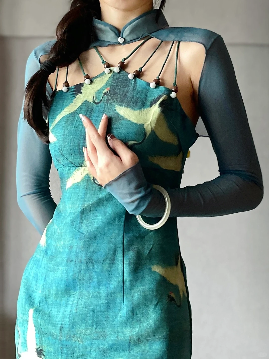 New‑Chinese‑Style‑Improved‑Qipao‑Midi‑Gown Teal‑Crane‑Print Halter‑Beaded‑Straps Stand‑Collar‑Mesh‑Shrug‑Top Fitted‑Slit‑Midi‑Dress Retro‑Oriental‑Party‑Dress gh8858