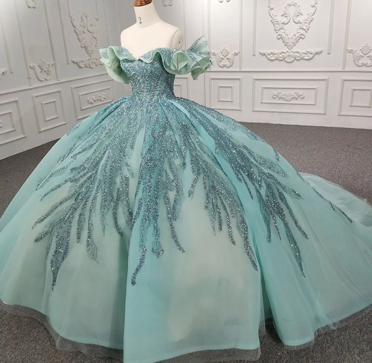 Green gorgeous shiny exquisite beaded long tulle floor-length princess ball gown evening dress Dress gh3196