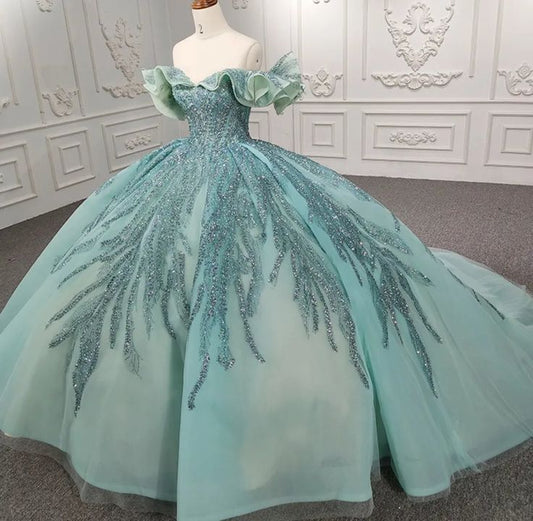 Grünes wunderschönes glänzendes exquisites Perlen-langes Tüll-Bodenlängen-Prinzessinnen-Ballkleid-Abendkleid gh3196