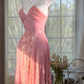 Light Pink V-Neck Spaghetti Straps Waist-Cinched Fitted Midi Evening Dress, Fairy Gown, Romantic Gown gh7436