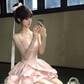 Women Sweet Pink Square Neck Homecoming Dress Wide Strap High Waist Irregular Ruffle Puffy Short Party Dress gh9425