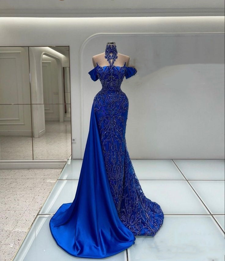 Blau Luxus wunderschöne Mode exquisite Perlen lange elegante Satin Ballkleid Abendkleid Partykleid gh3418