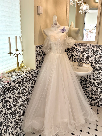 Ivory Off-the-Shoulder Waist-Cinched Full Flared Skirt Long Romantic Dress, Wedding Gown gh7754