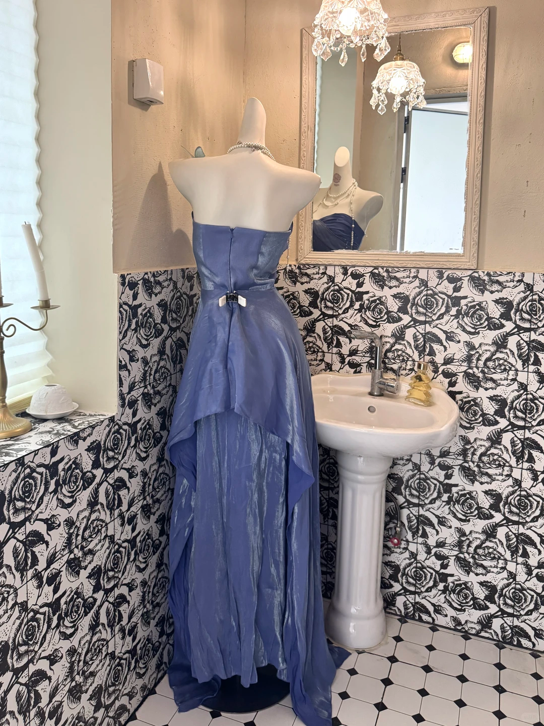 Slate Blue Strapless Waist-Cinched Fitted Asymmetrical Skirt Vintage Romantic Dress gh7508