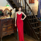 Cowl Neck Red Slip Evening Gown, Thin Straps Solid Color Straight Maxi Formal Dress gh9877