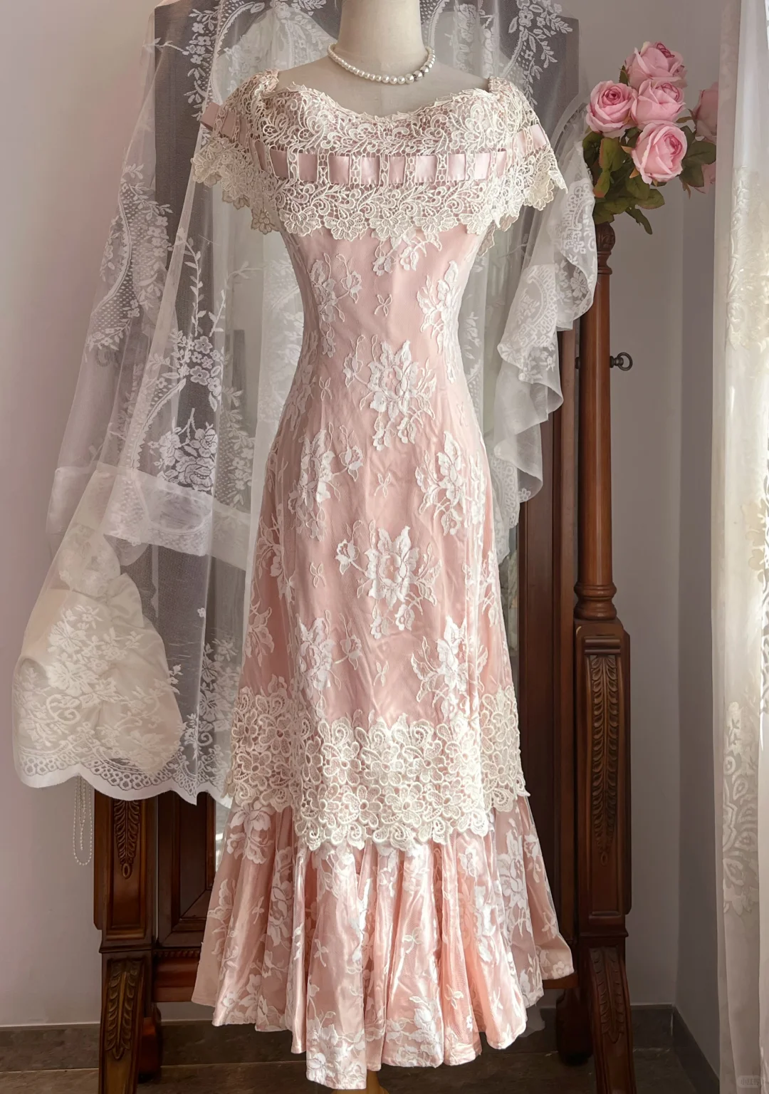 Dusty Pink Off Shoulder Floral Lace Vintage Mermaid Midi Prom Dress gh9305