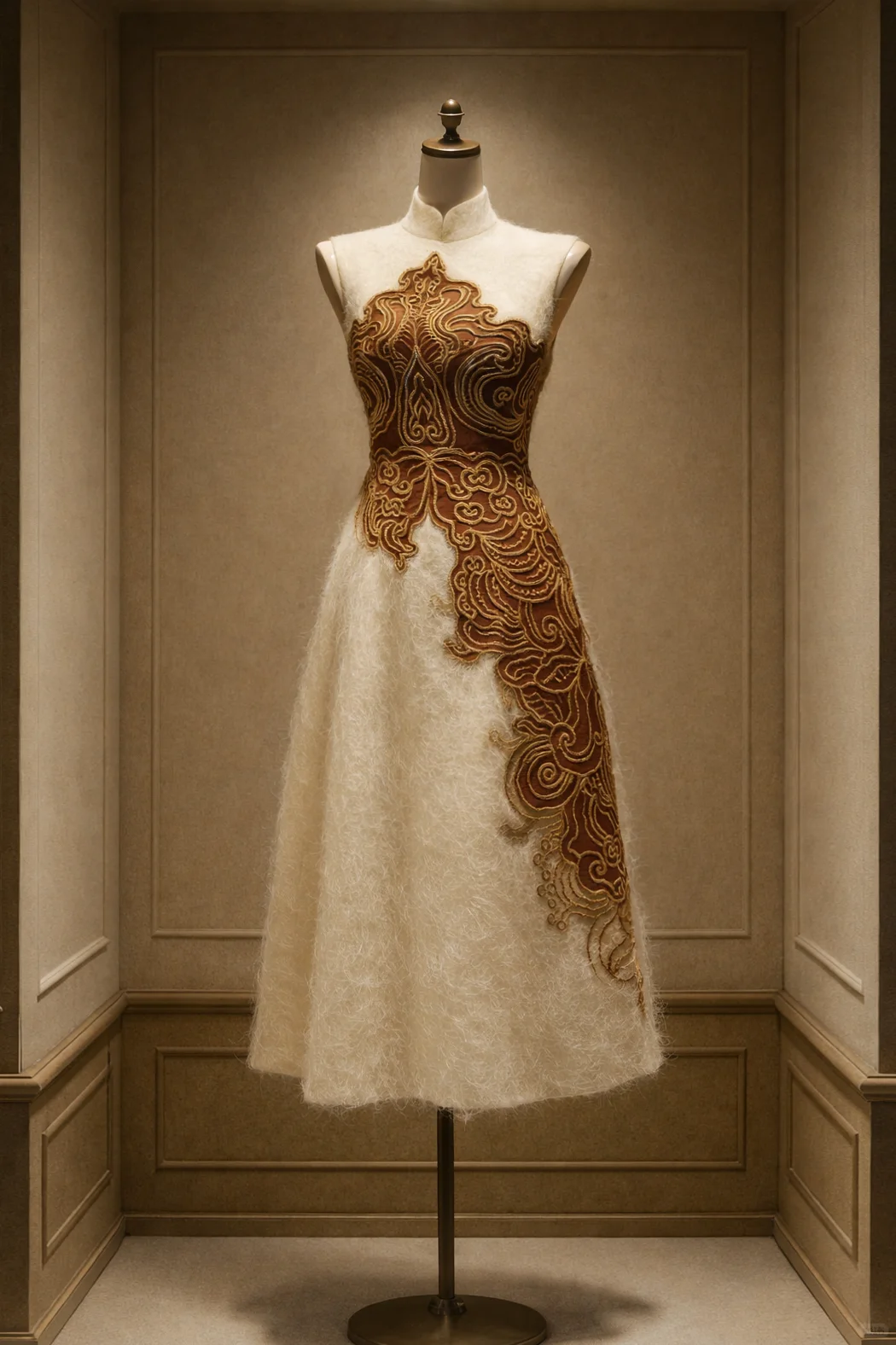 ✨Girlhomeshops-Gold Cloud Cord Embroidery Ivory Qipao Cheongsam Midi Evening Dress gh10487