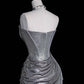 Silver Gorgeous Shimmer Slim Fit Long Satin Prom dress Evening Dress Party Dress gh4967