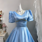Light Blue Satin Long Evening Gown, V Neck Puff Short Sleeve Beaded Rhinestone A-Line Princess Prom Dress gh9271