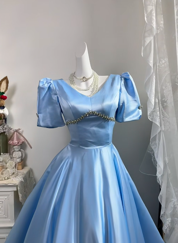 Light Blue Satin Long Evening Gown, V Neck Puff Short Sleeve Beaded Rhinestone A-Line Princess Prom Dress gh9271