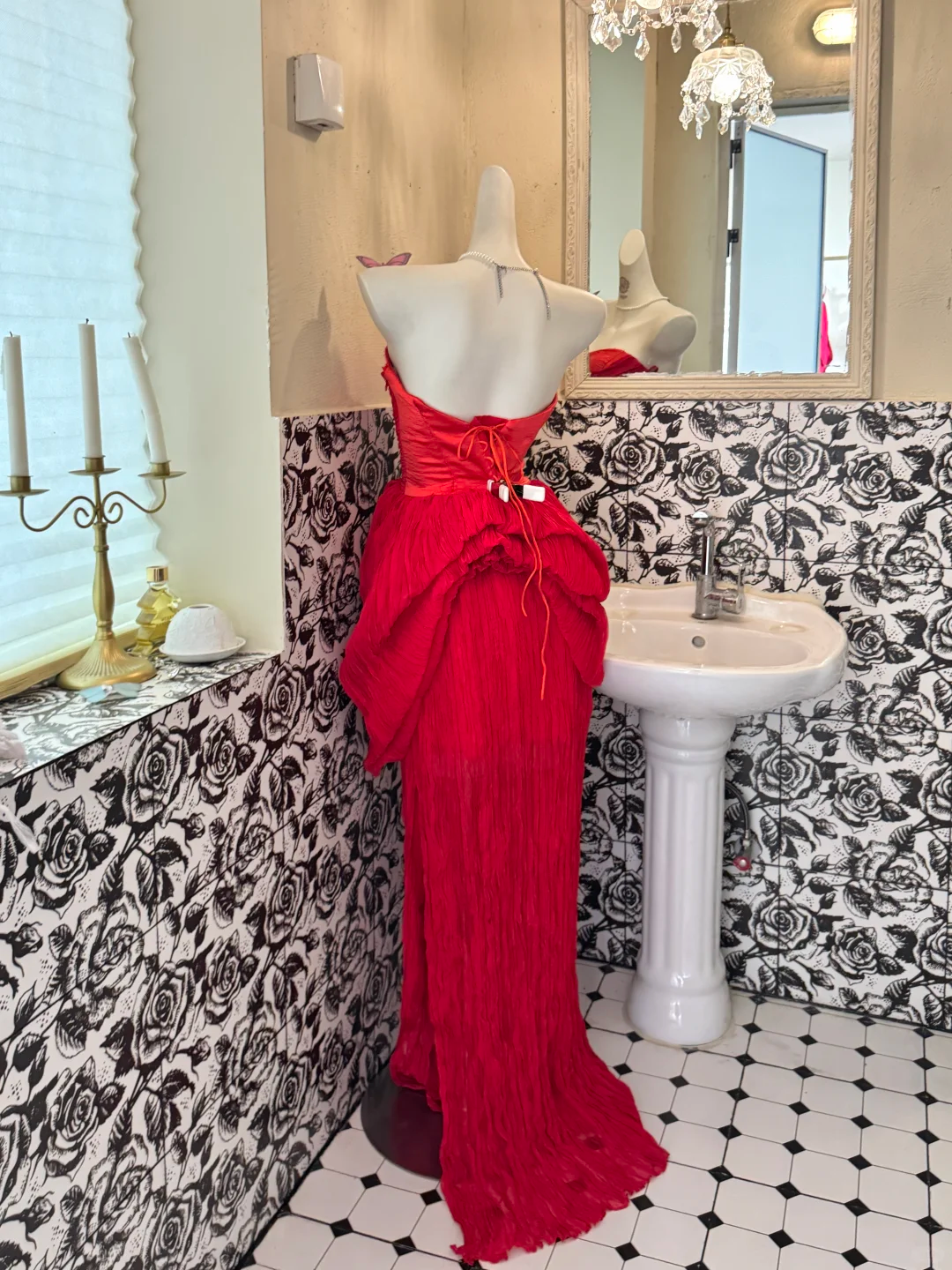 Red Strapless Waist-Cinched Fitted Elegant Vintage Romantic Gown gh7555