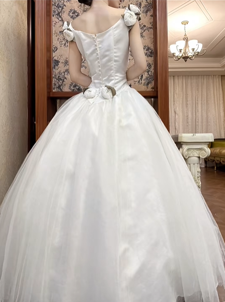White Vintage Tulle Wedding Prom Dress, Square Neck Puff Sheer Lace Sleeves, Lace Appliqués, Multi‑Tier Ruffle Long Train gh8718