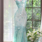 Mint Green Sheer Tulle Sequin Spaghetti Strap Mermaid Prom Dress, Chiffon Flowy Long Evening Gown gh9502