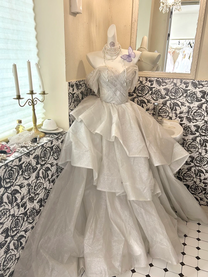 Light Grey Off-the-Shoulder Cinched Waist Tiered Skirt Long Romantic Dress, Wedding Gown gh7785