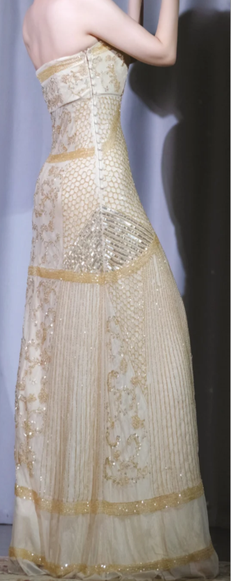 ✨Girlhomeshops-Champagne Gatsby Prom Dress Strapless Gold Beaded Floor Length Evening Gown gh9973