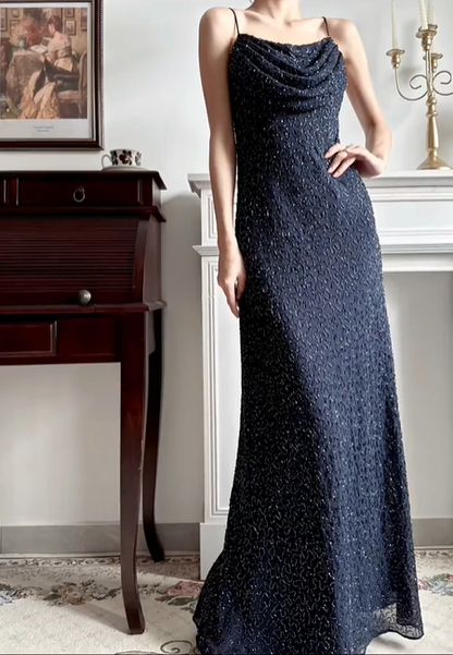 Navy Blue Vintage Spaghetti‑Strap Cowl Neck Prom Gown, All‑Over Hand‑Beaded Sequins, Fitted Waist Bodycon Mermaid Long Dress, Evening Prom Dress gh8807