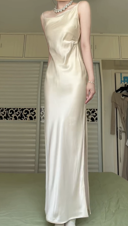 Champagne Satin Long Evening Gown, Asymmetrical Draped Neckline, Single Thin Strap, High Side Slit, Fitted Column Maxi Dress gh8935