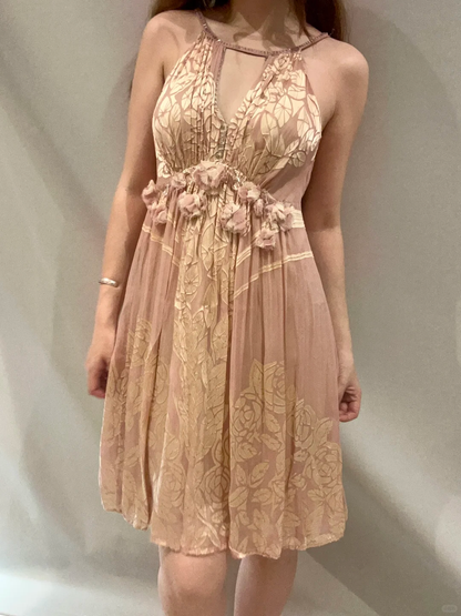 Nude Pink Luxury Leaf Print Spaghetti Strap Fitted Waist Prom & Evening Party Dress gh8456