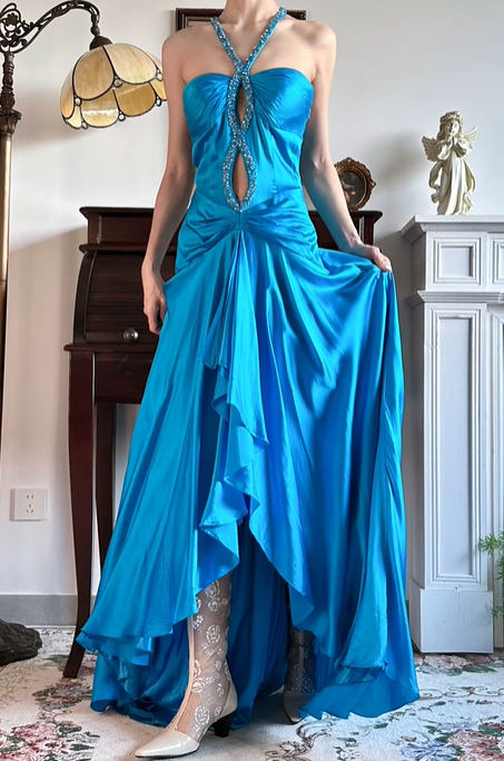 Bright‑Lake‑Blue‑Vintage‑Gown Rhinestone‑Criss‑Cross‑Halter Keyhole‑Bust‑Cutout Twisted‑Gathered‑Waist High‑Low‑Ruffled‑Hem Shiny‑Satin‑Fabric Flowy‑Evening‑Prom‑Dress gh8838