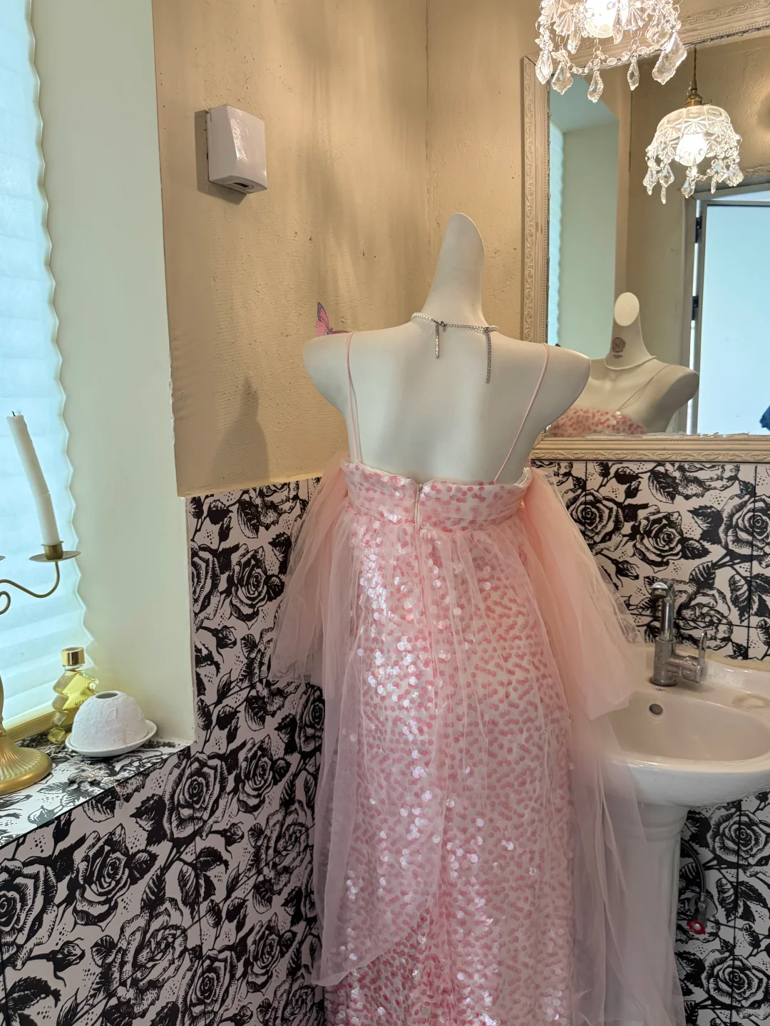 Light Pink Spaghetti Strap Sequin Straight Fit Long Vintage Romantic Dress, Wedding Gown gh7537