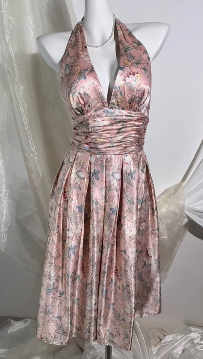 Vintage Light Pink Halter Long Prom & Evening Party Dress, Printed Pattern, Fitted Waist Silhouette gh8560