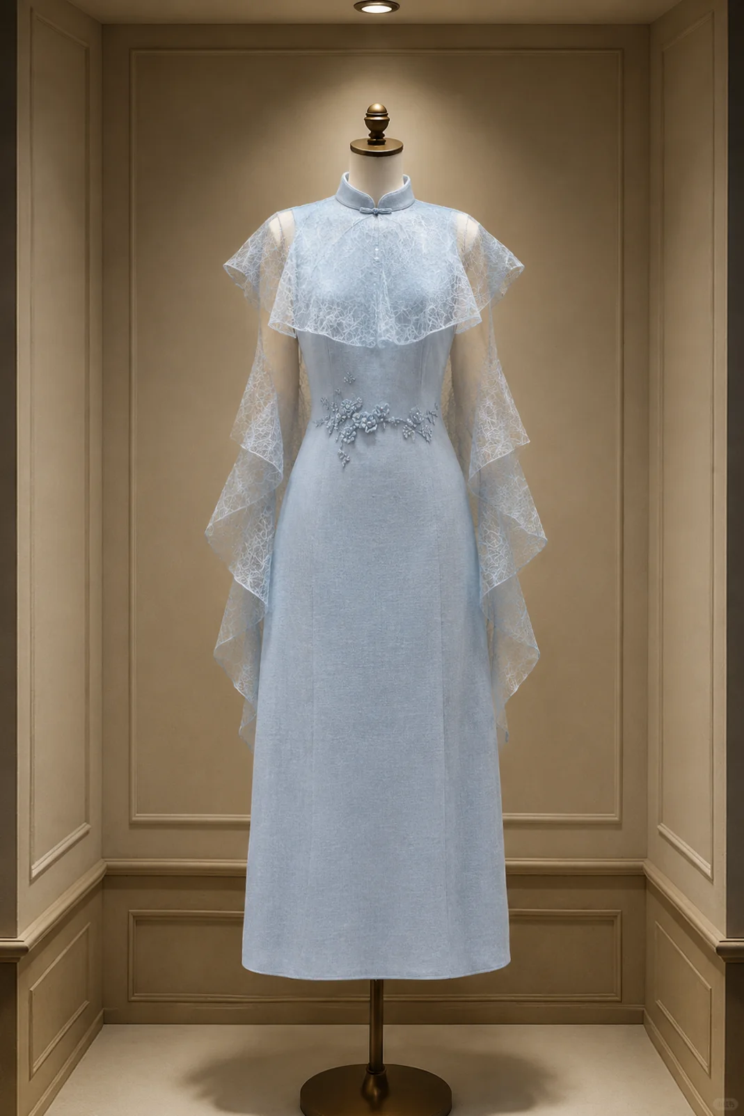 ✨Girlhomeshops-Light Ice Blue Mesh Cape Sleeve Floral Midi Cheongsam Qipao gh10437
