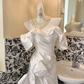 White Satin Ruffled Off-the-Shoulder Waist-Cinched Bodycon Sexy Long Romantic Dress, Wedding Gown gh7728