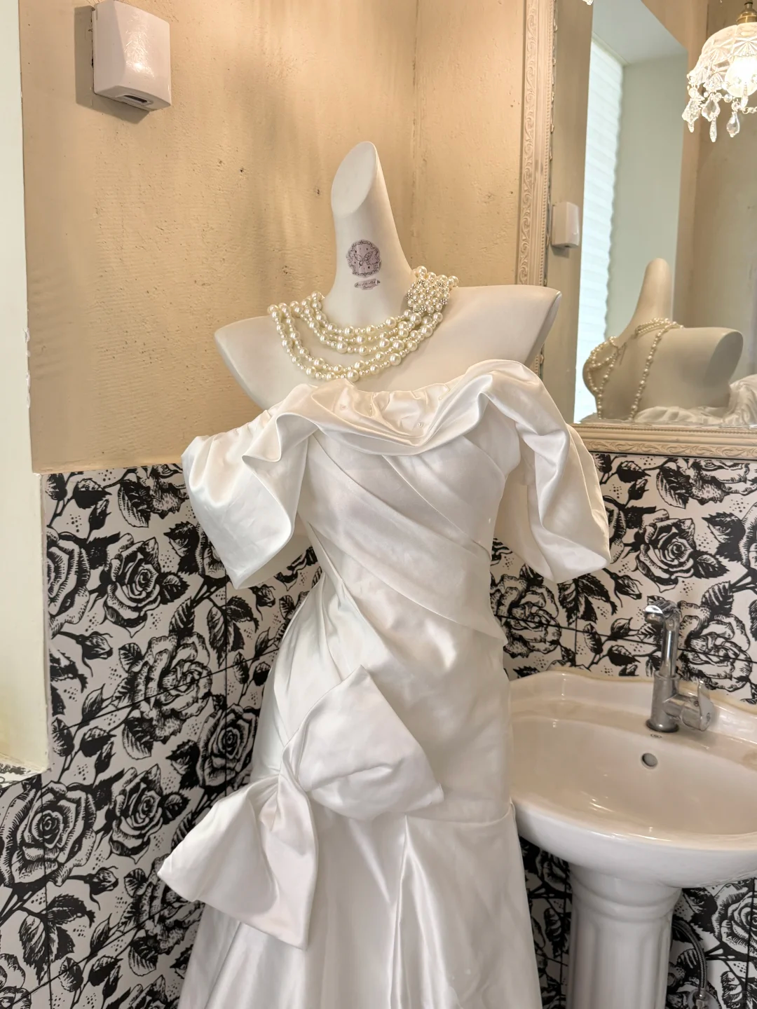 White Satin Ruffled Off-the-Shoulder Waist-Cinched Bodycon Sexy Long Romantic Dress, Wedding Gown gh7728