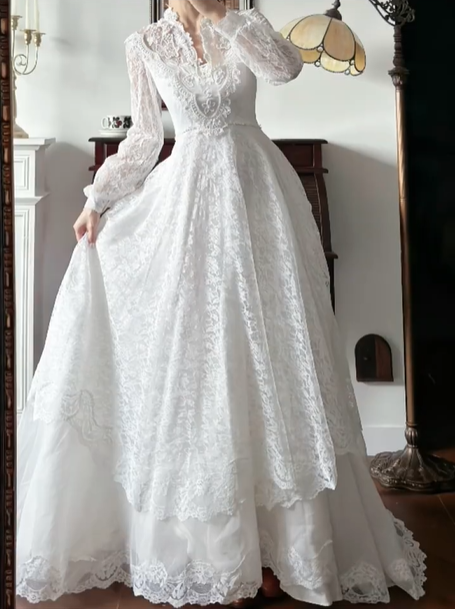 Ivory Vintage Lace‑Collar Bishop‑Sleeve Full‑Lace Double‑Layer A‑Line Short Train Wedding Dress gh8787