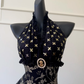 Black Vintage Halter Long Evening Gown, Lace V‑Neck, Gold Floral Jacquard Bodice, Retro Gem Brooch Detail, Mixed Chiffon Maxi Skirt, Party Prom Dress gh8918