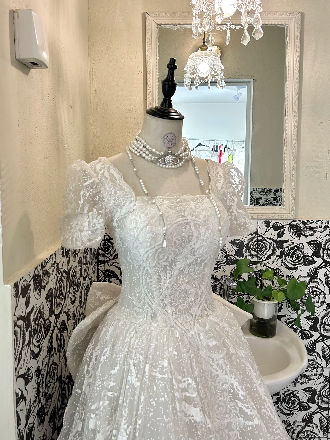 Ivory Square Neck Waist-Cinched Printed Voluminous Skirt Romantic Dress, Wedding Gown gh7663